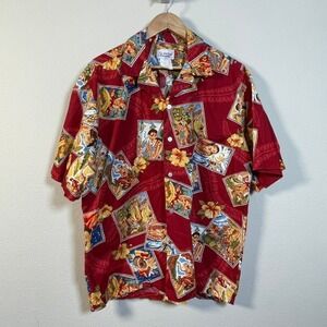 Seawind Hawaiian Shirt Mens XL Red Tropical Postcard Print Cotton Made in Hawaii